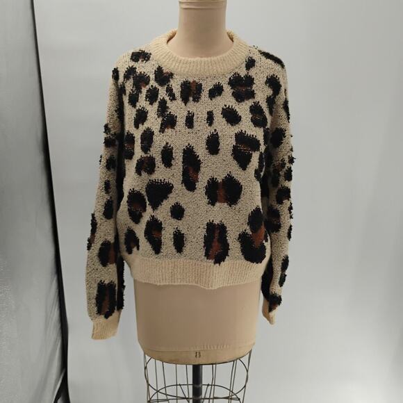 $298 Bardot Womens Brown Crew-Neck Leopard Blouson Sleeve Wool blend Sweater - Picture 1 of 15